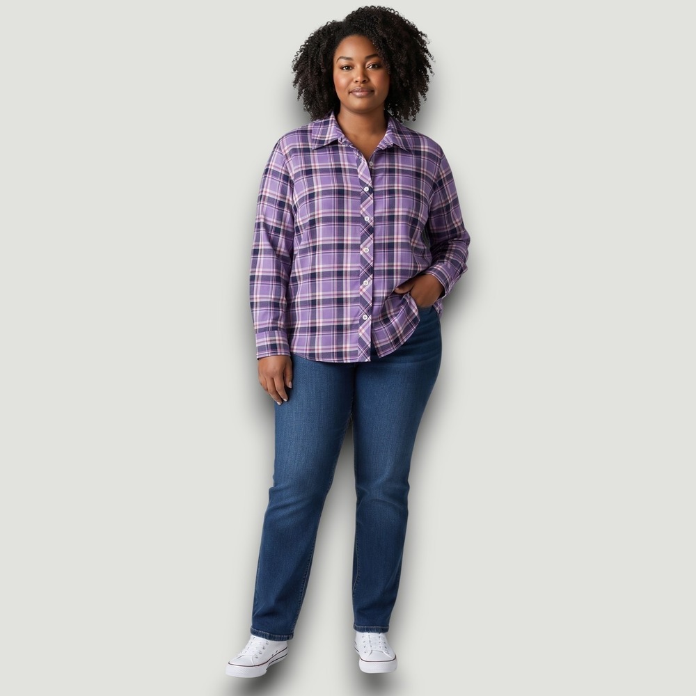 Talbots Womens Top 2X Plus Purple Plaid Cotton Button Up Office Chic Classic